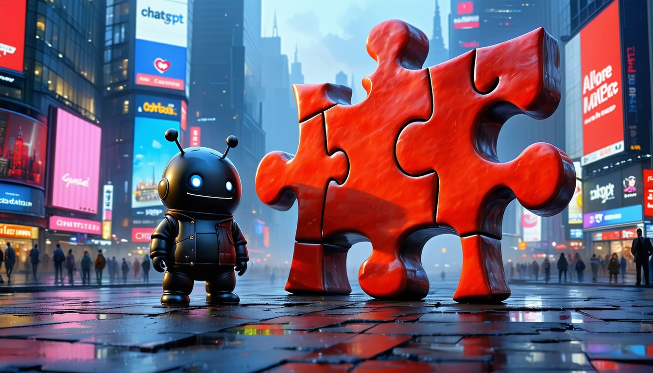 A robot standing next to large red puzzle pieces in the city, a metaphor for ChatGPT apps and small and medium-sized enterprises.